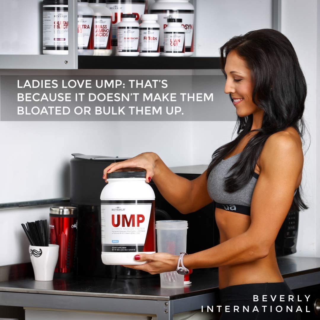 Beverly International UMP protein powder label shows milk protein isolate source.