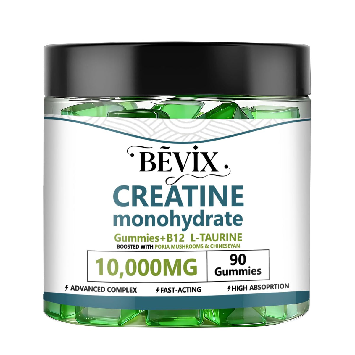 BEVIX Creatine Gummies bottle shot highlighting energy support for workouts.