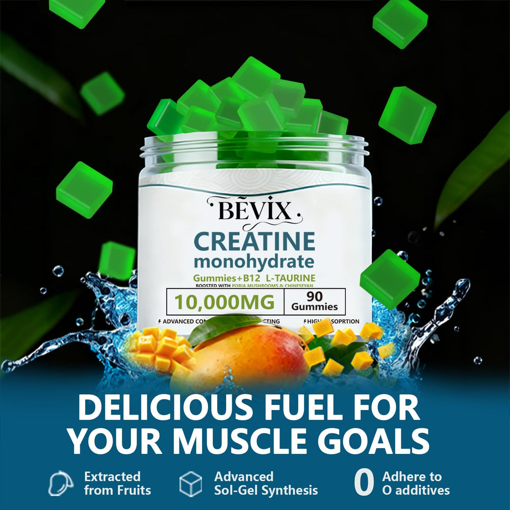 BEVIX Creatine Gummies vegan gluten-free label emphasizes clean ingredients.