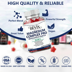 BEVIX Magnesium Complex Gummies bottle label close-up emphasizing purity and trust.
