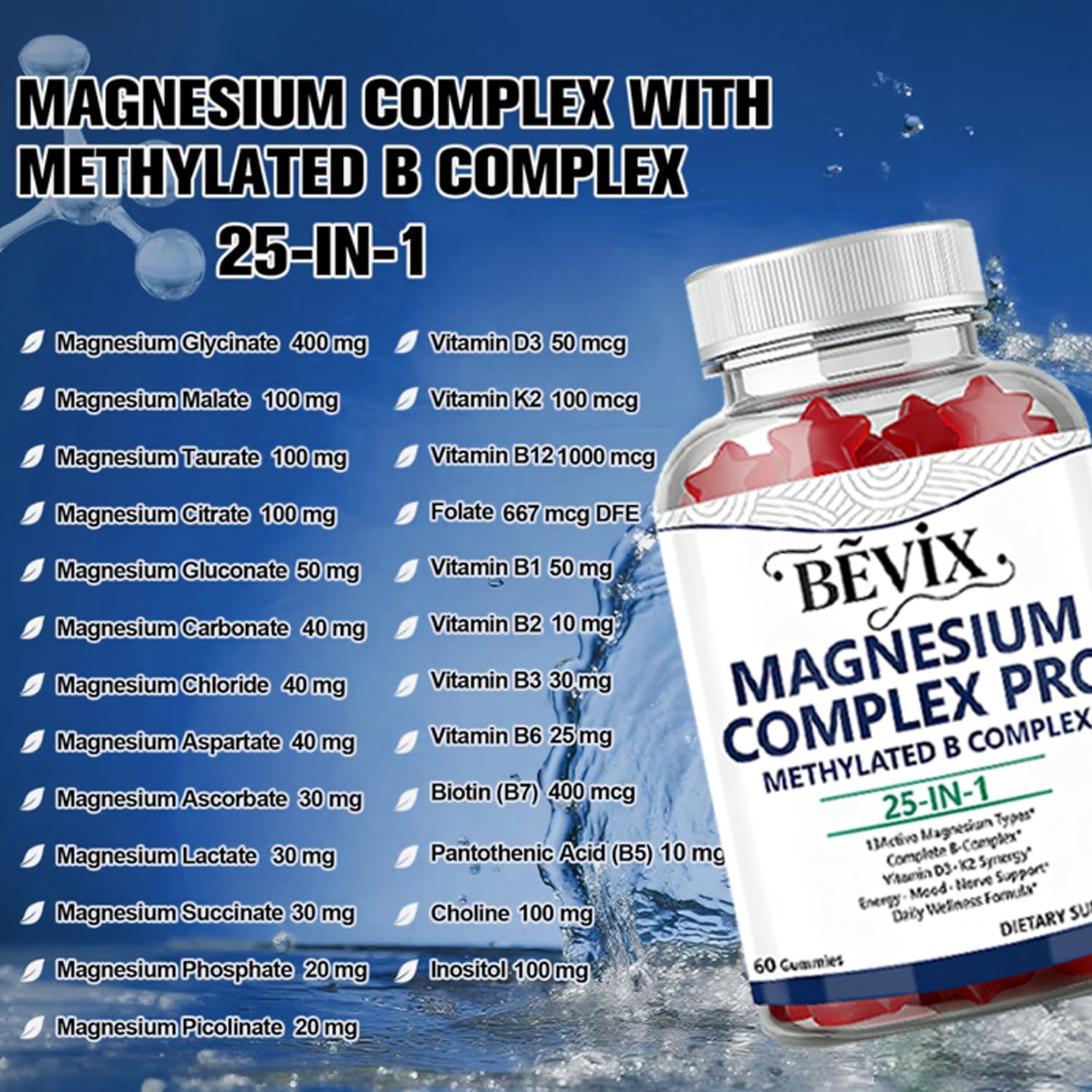 BEVIX Magnesium Complex Gummies pouring from jar for an easy nightly routine.