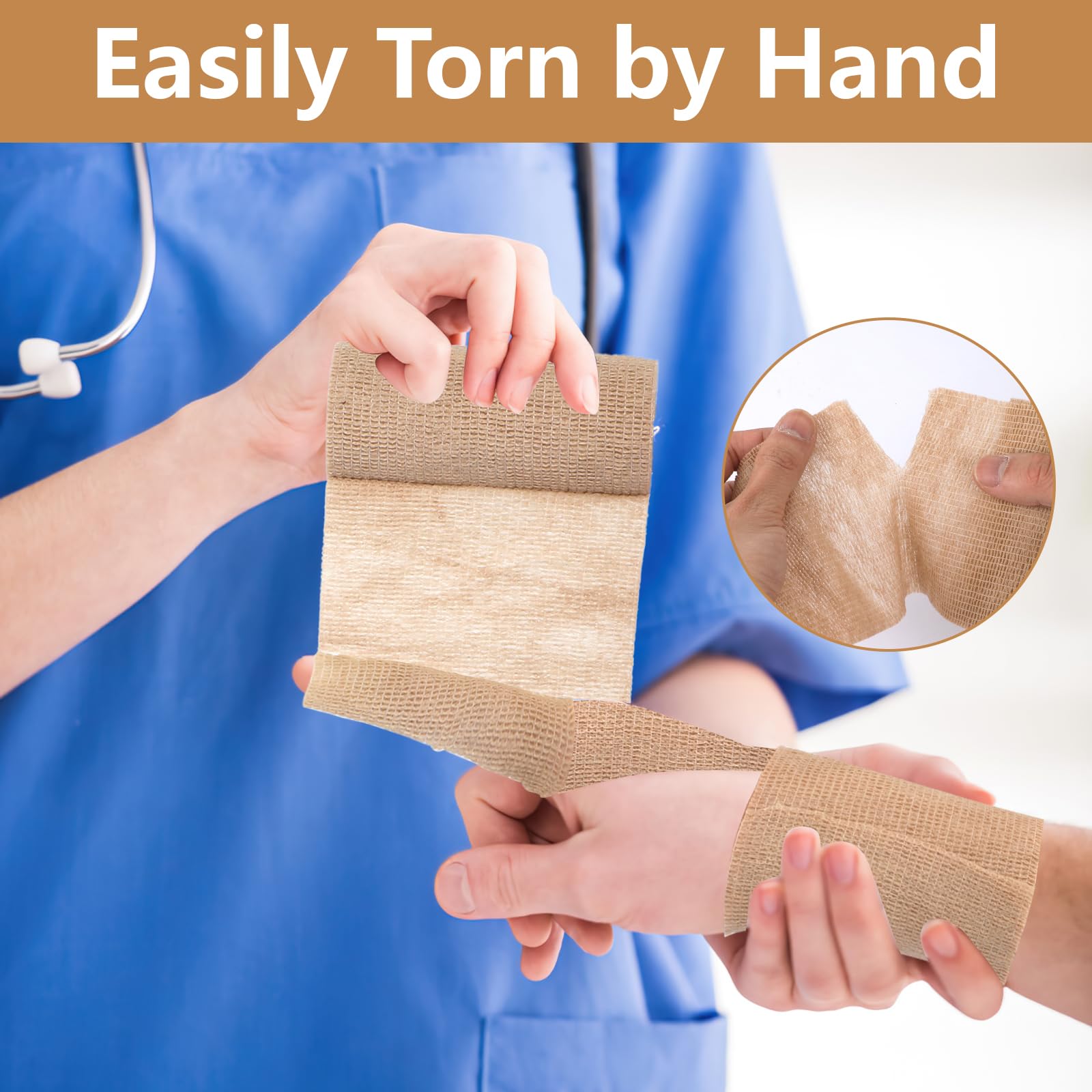 Easy tear by hand BEVTEE bandage wrap demonstrated on forearm