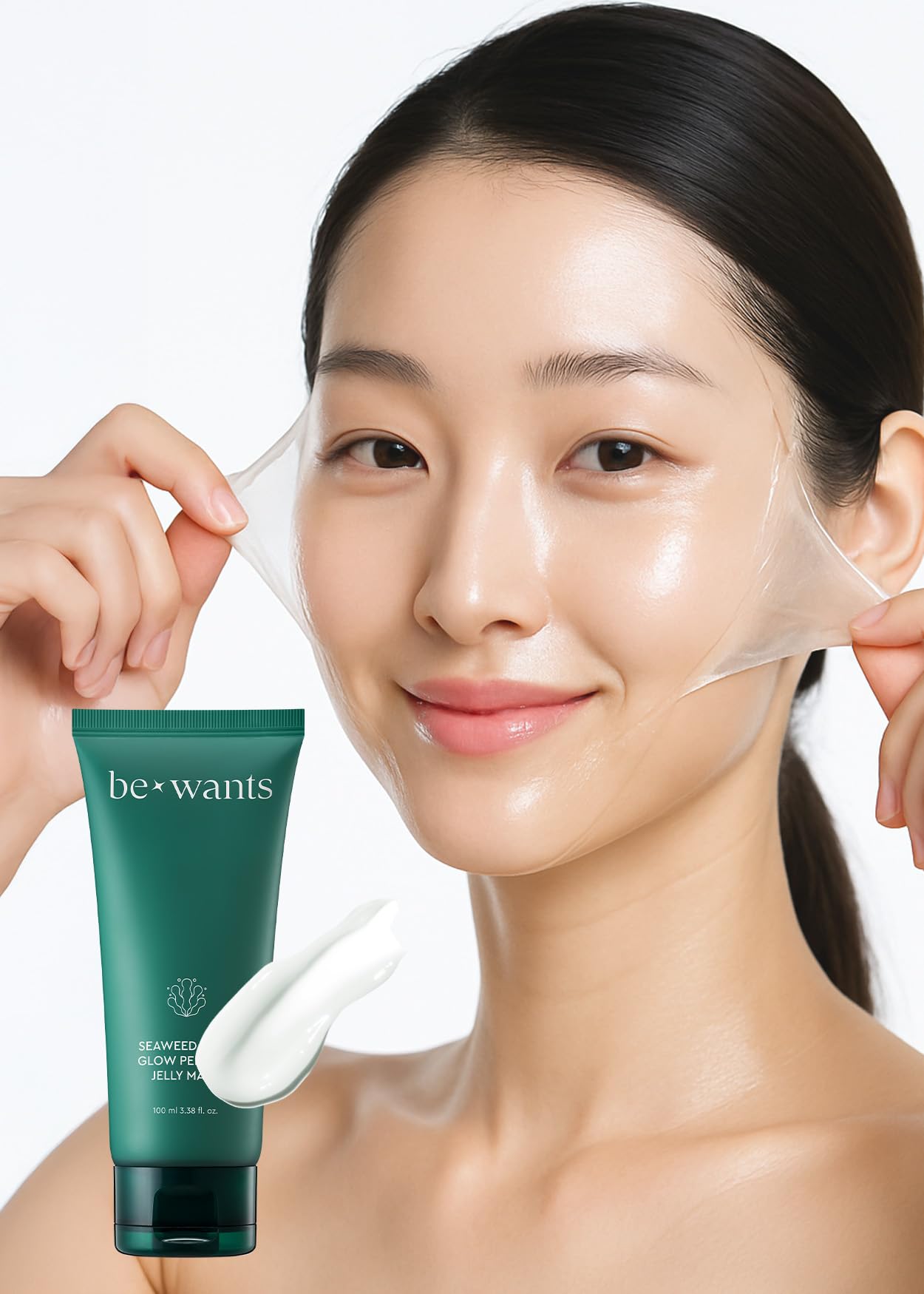 BE+WANTS Seaweed PDRN Glow Peel Off Jelly Mask jar demonstrates rich texture for a radiant complexion.