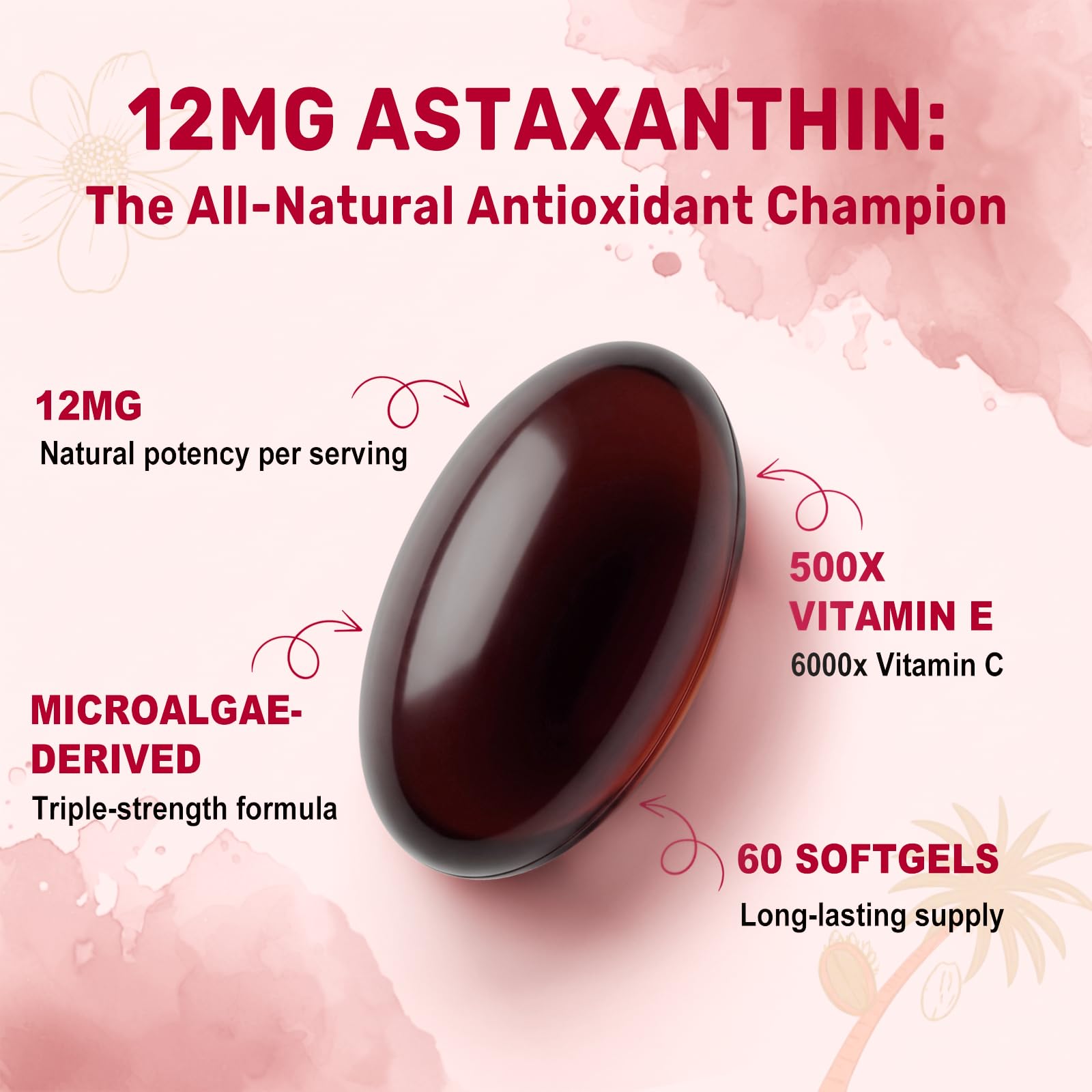 BEWORD Astaxanthin label closeup highlights Haematococcus algae source for antioxidant-rich formula.