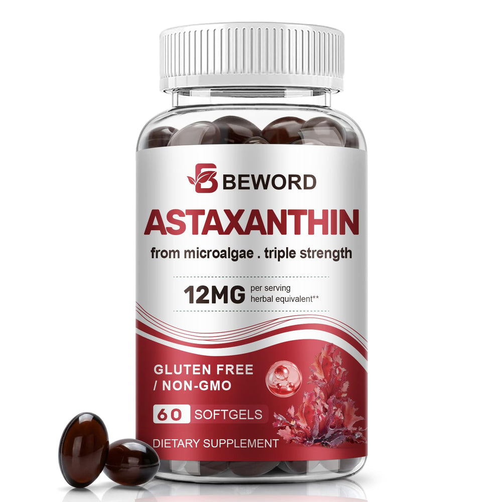 BEWORD Astaxanthin softgels bottle with label, supporting daily antioxidant protection.