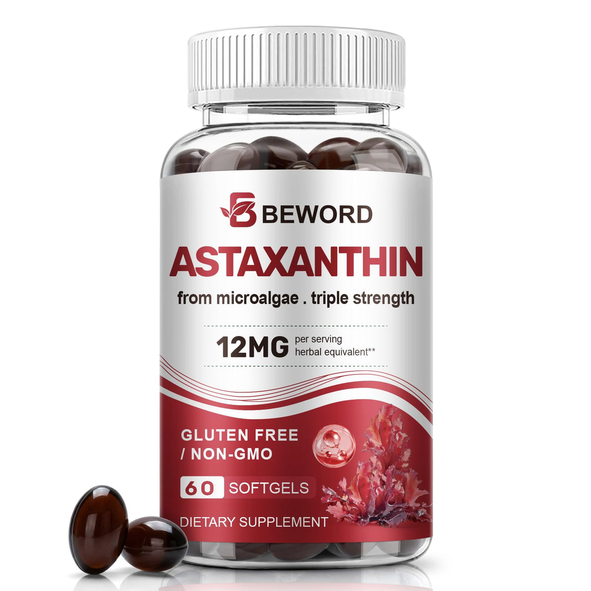 BEWORD Astaxanthin softgels bottle with label, supporting daily antioxidant protection.