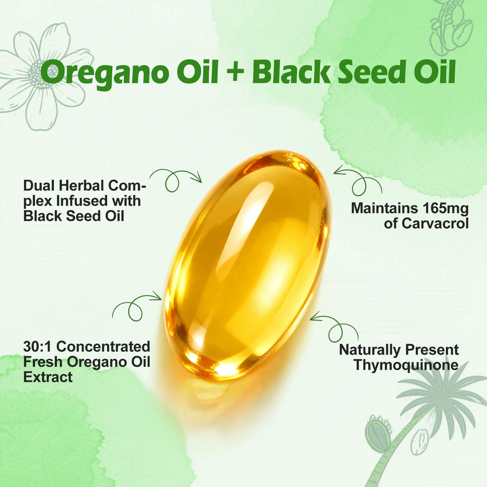 BEWORD Oil of Oregano with Black Seed Oil bottle back shows ingredient details and purity attributes for transparency.
