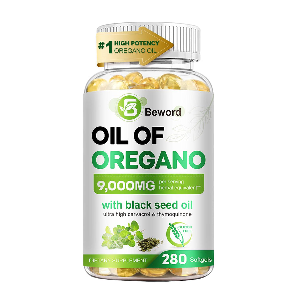BEWORD Oil of Oregano with Black Seed Oil bottle front view highlights the dual-action blend for daily immune support.