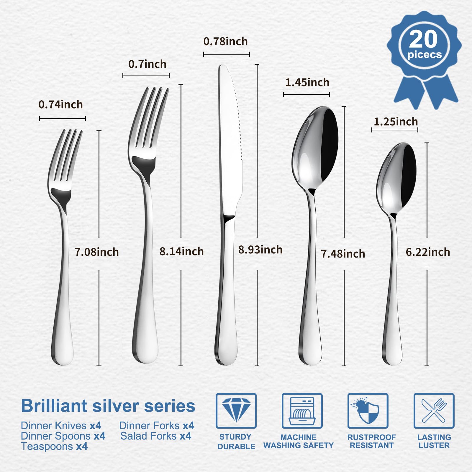 BEWOS stainless steel flatware close-up highlights sturdy construction for busy family kitchens.
