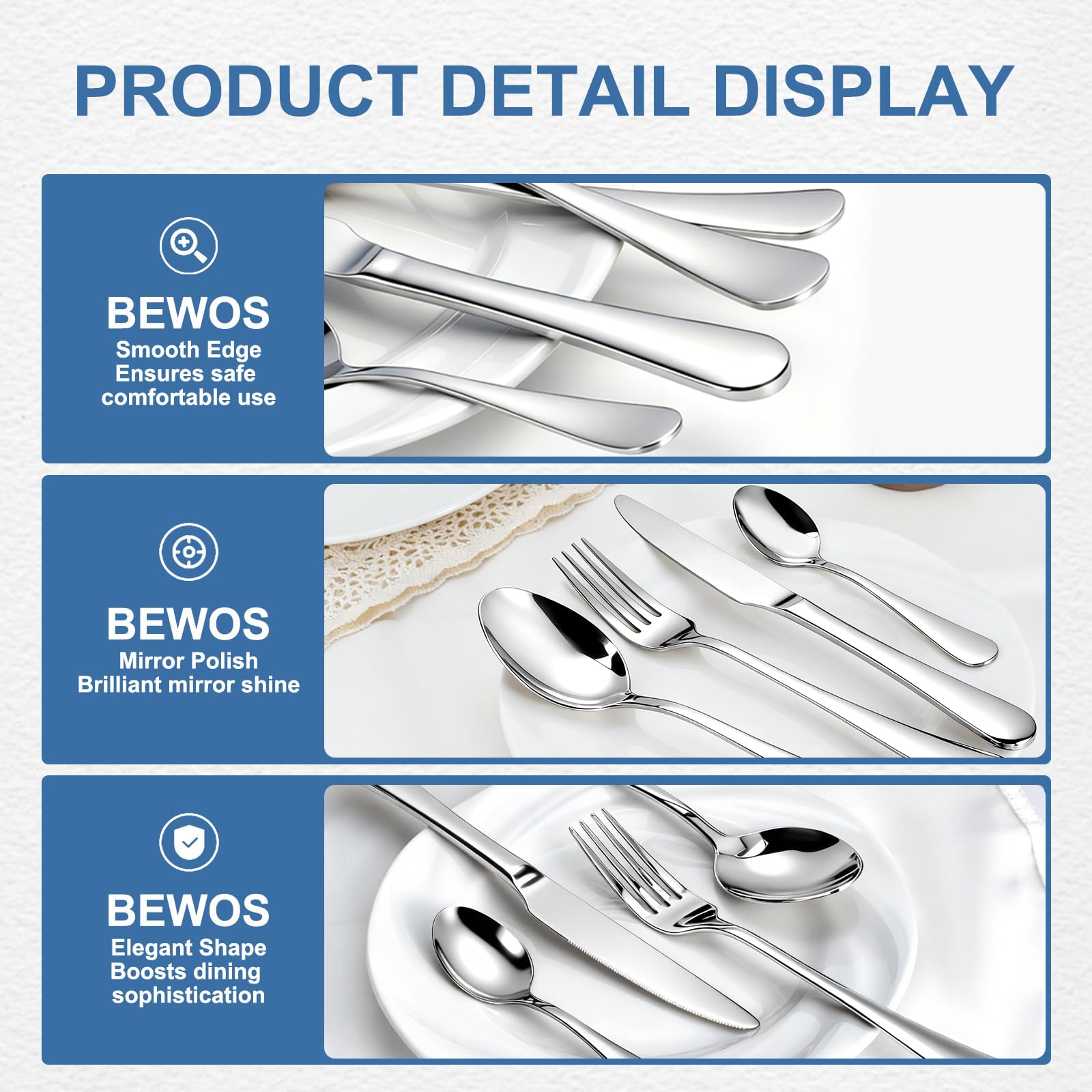 BEWOS mirror-polished flatware shine adds elegant touch to everyday dining.