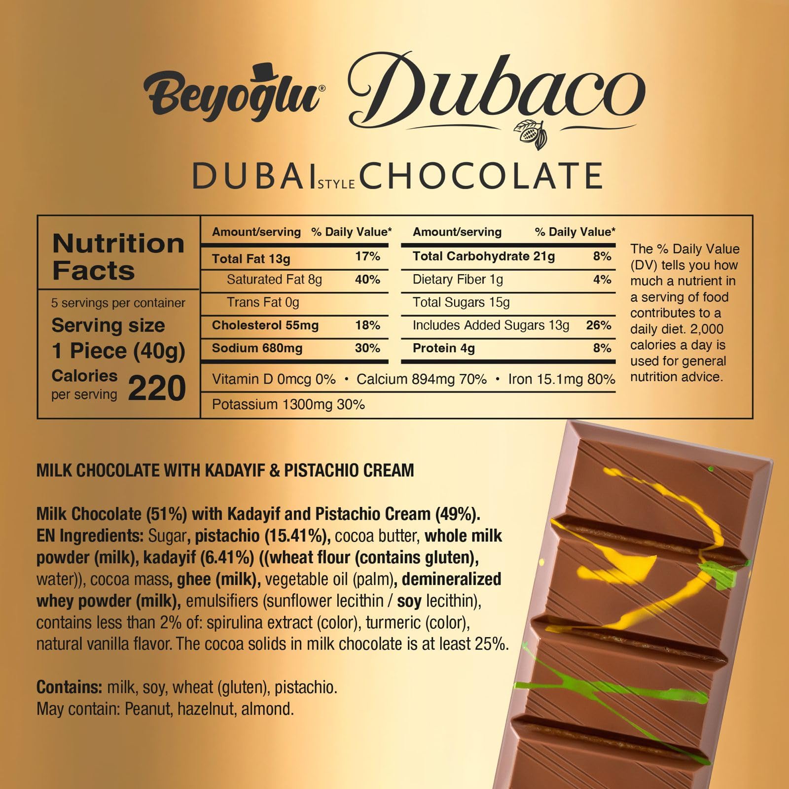 Beyoglu Dubaco Dubai Chocolate Bar pistachio butter filling adds creamy richness.