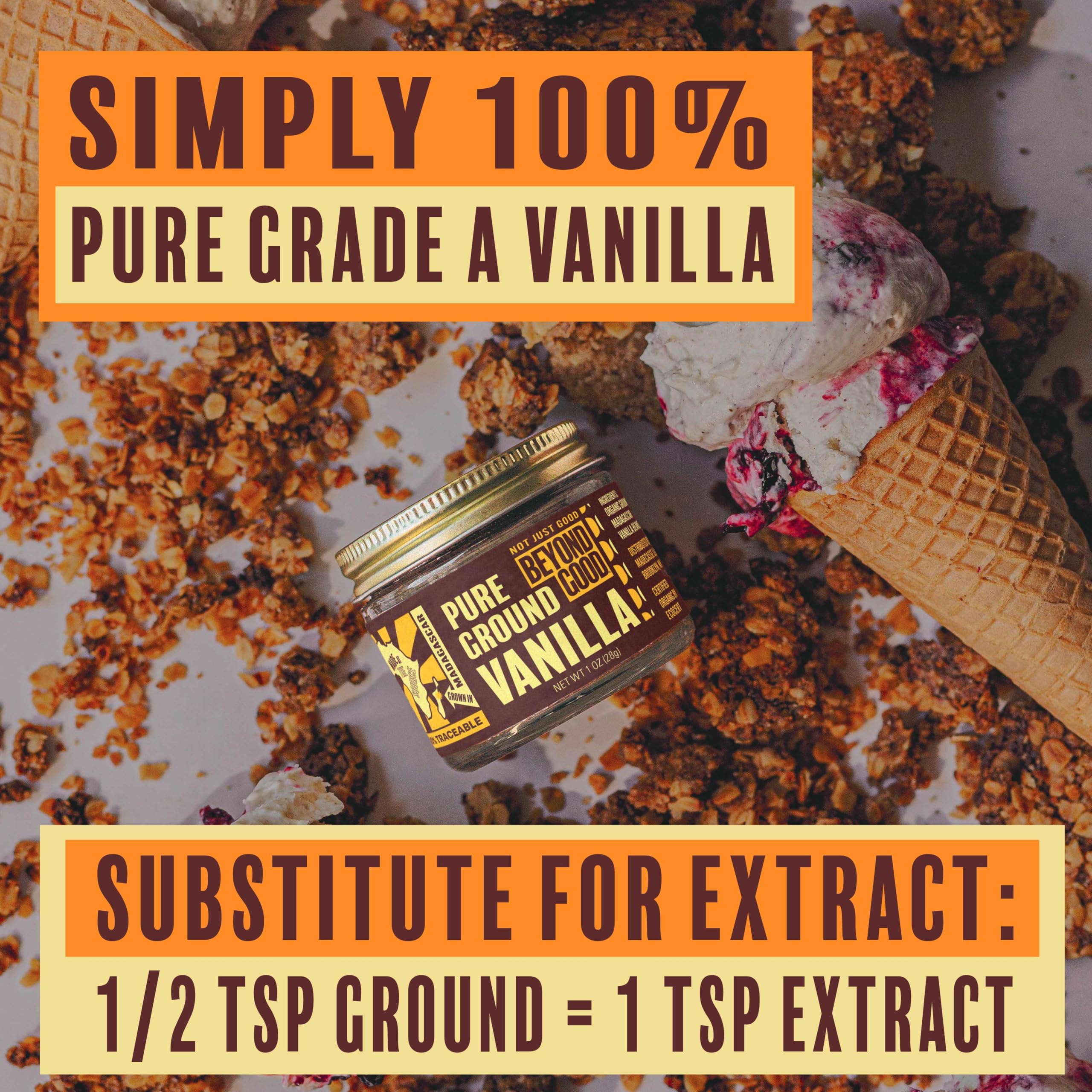 Close-up of vanilla powder on spoon emphasizes natural sun-dried depth and aroma.