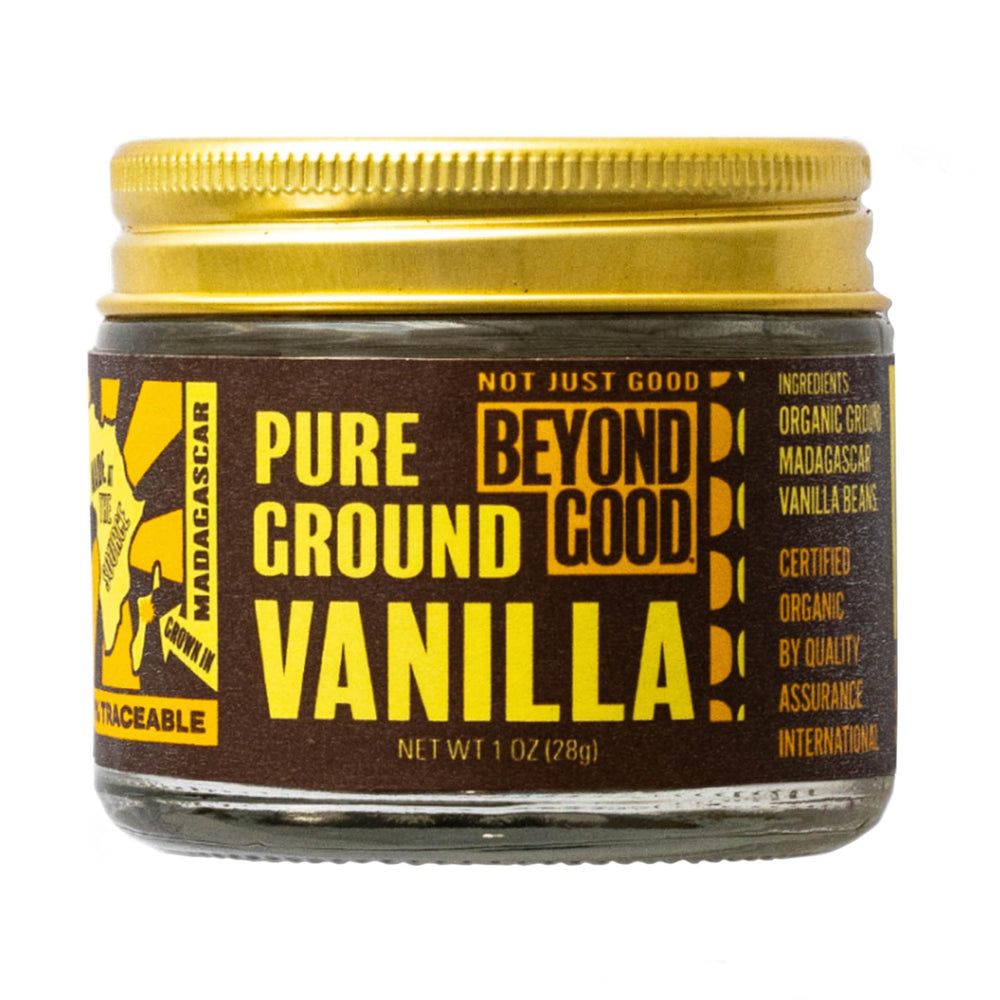 Beyond Good vanilla powder jar close-up highlights pure Madagascar grade A vanilla for baking.