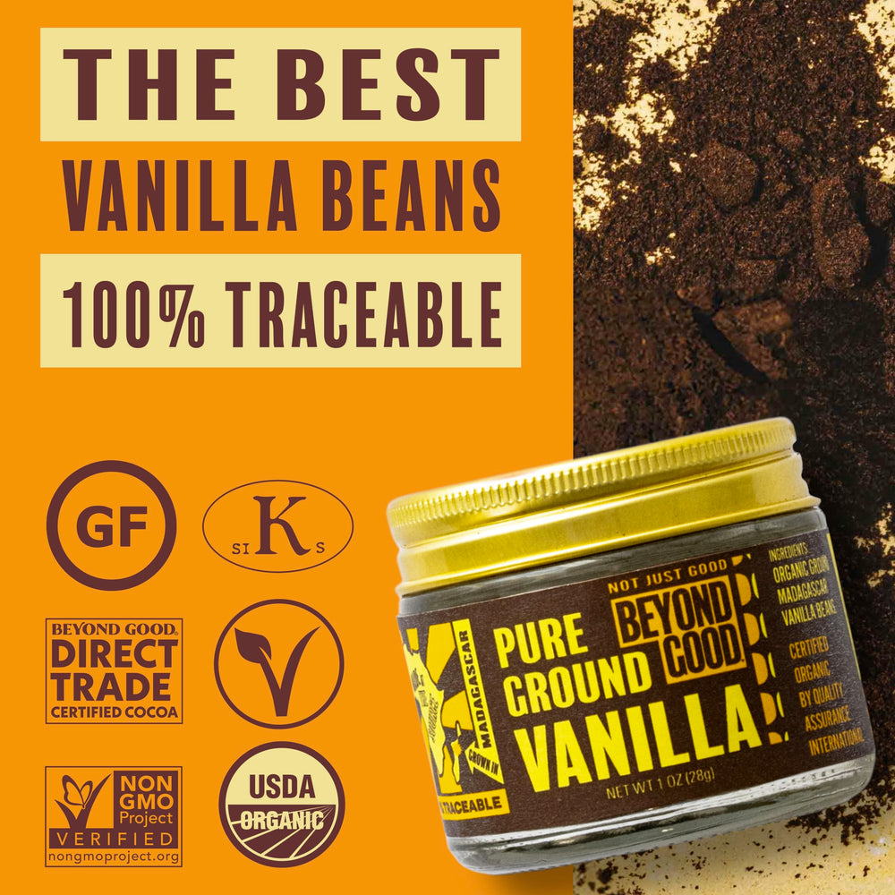 Beyond Good vanilla powder with a measuring spoon hints at precise custards.