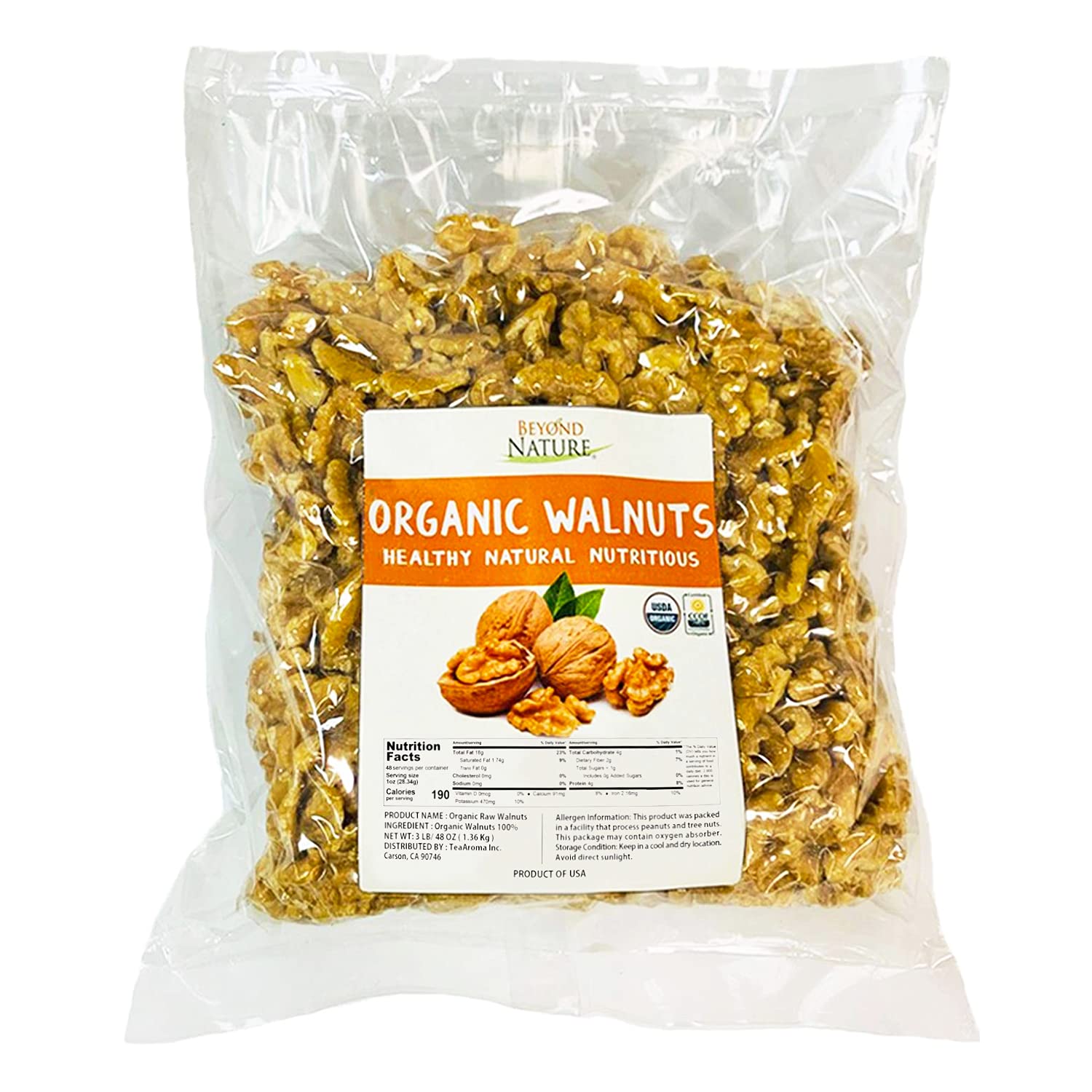 Beyond Nature Organic Raw Walnuts unsalted 3lb bag, perfect for snacking