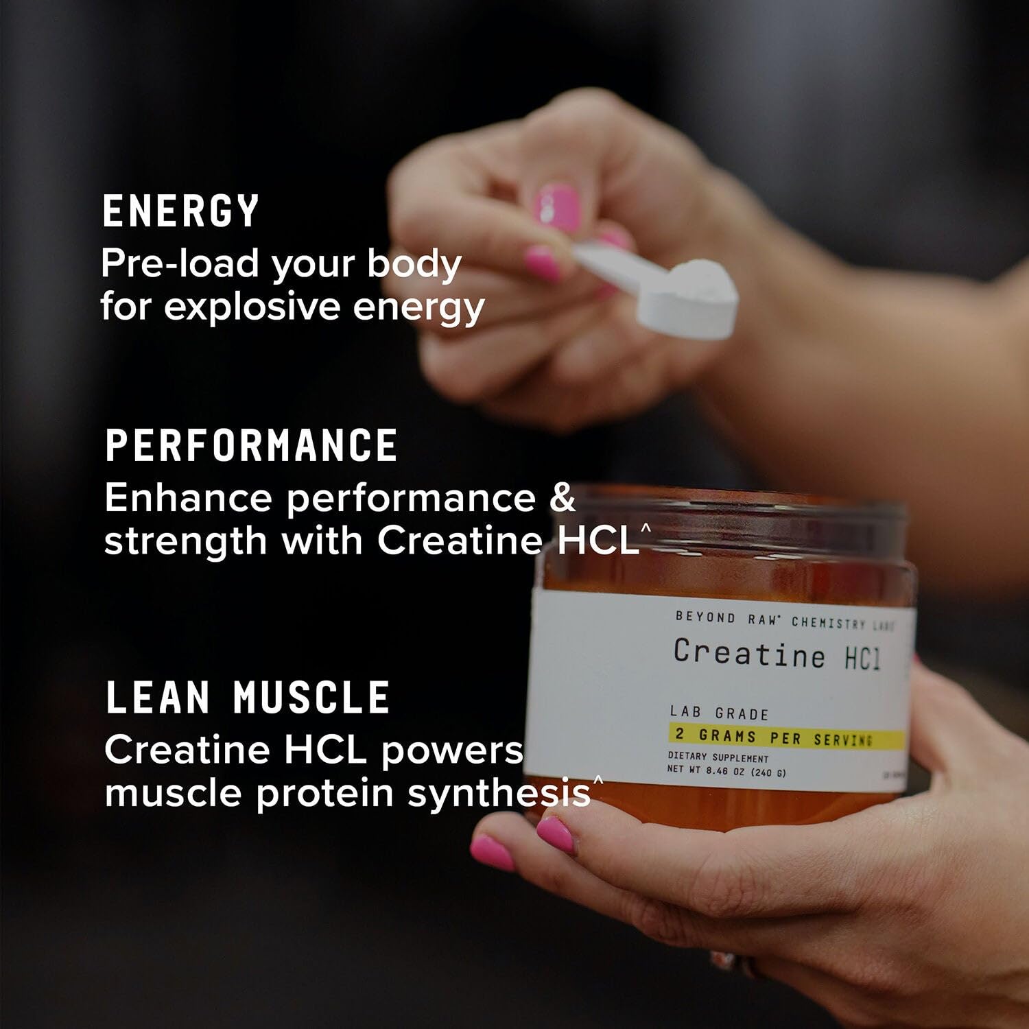Beyond Raw Creatine HCl powder pouring into water for hydration