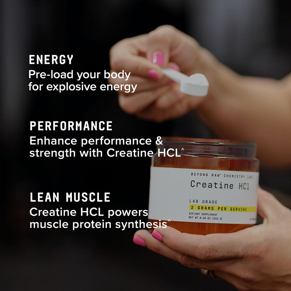 Beyond Raw Creatine HCl powder pouring into water for hydration