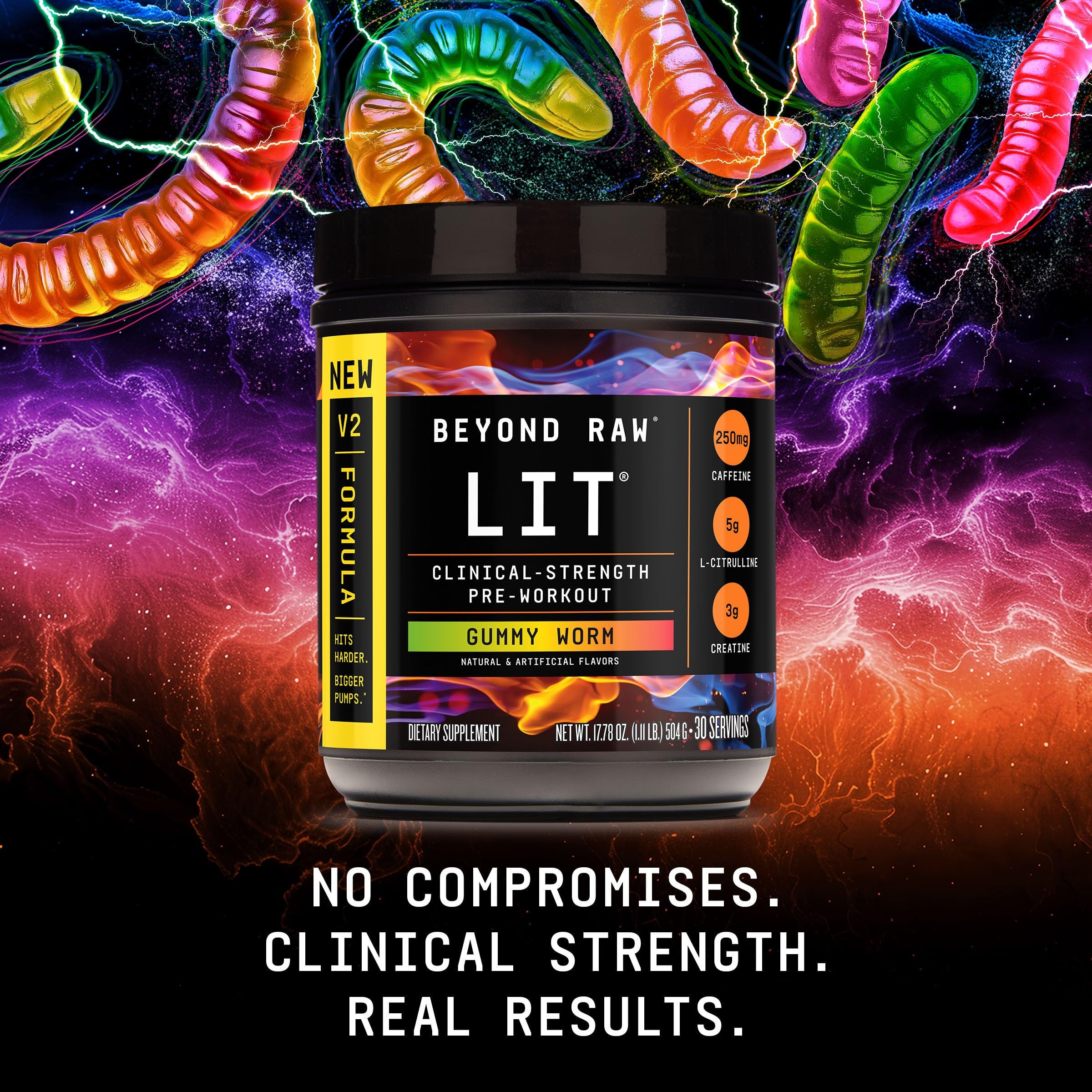 BEYOND RAW LIT V2 tub and packaging communicates 30 servings