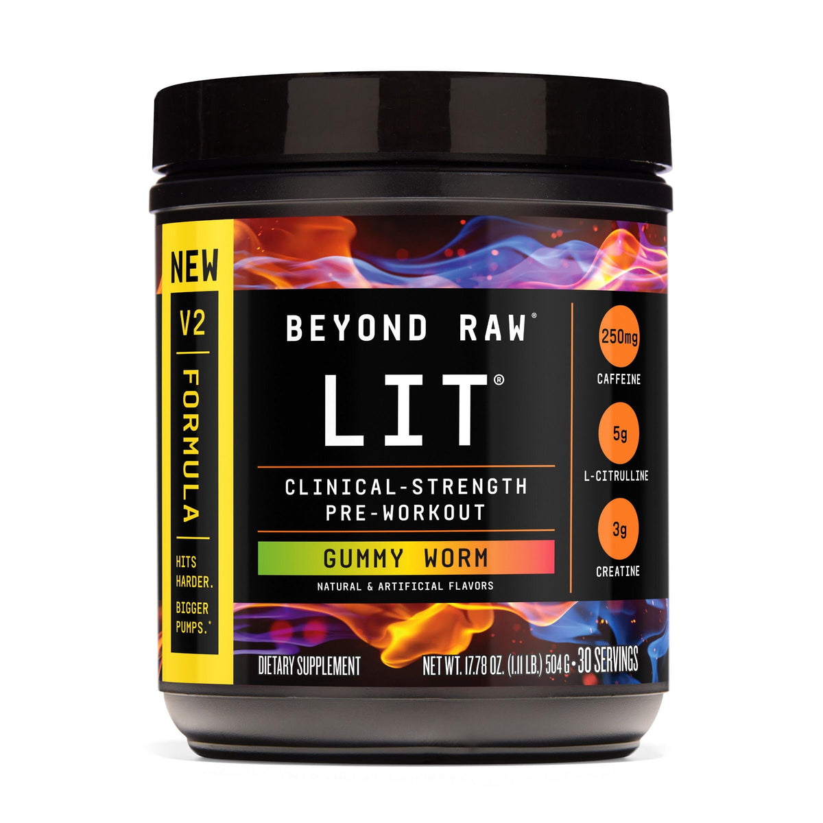 BEYOND RAW LIT V2 gummy worm bottle shows flavor richness for energized workouts