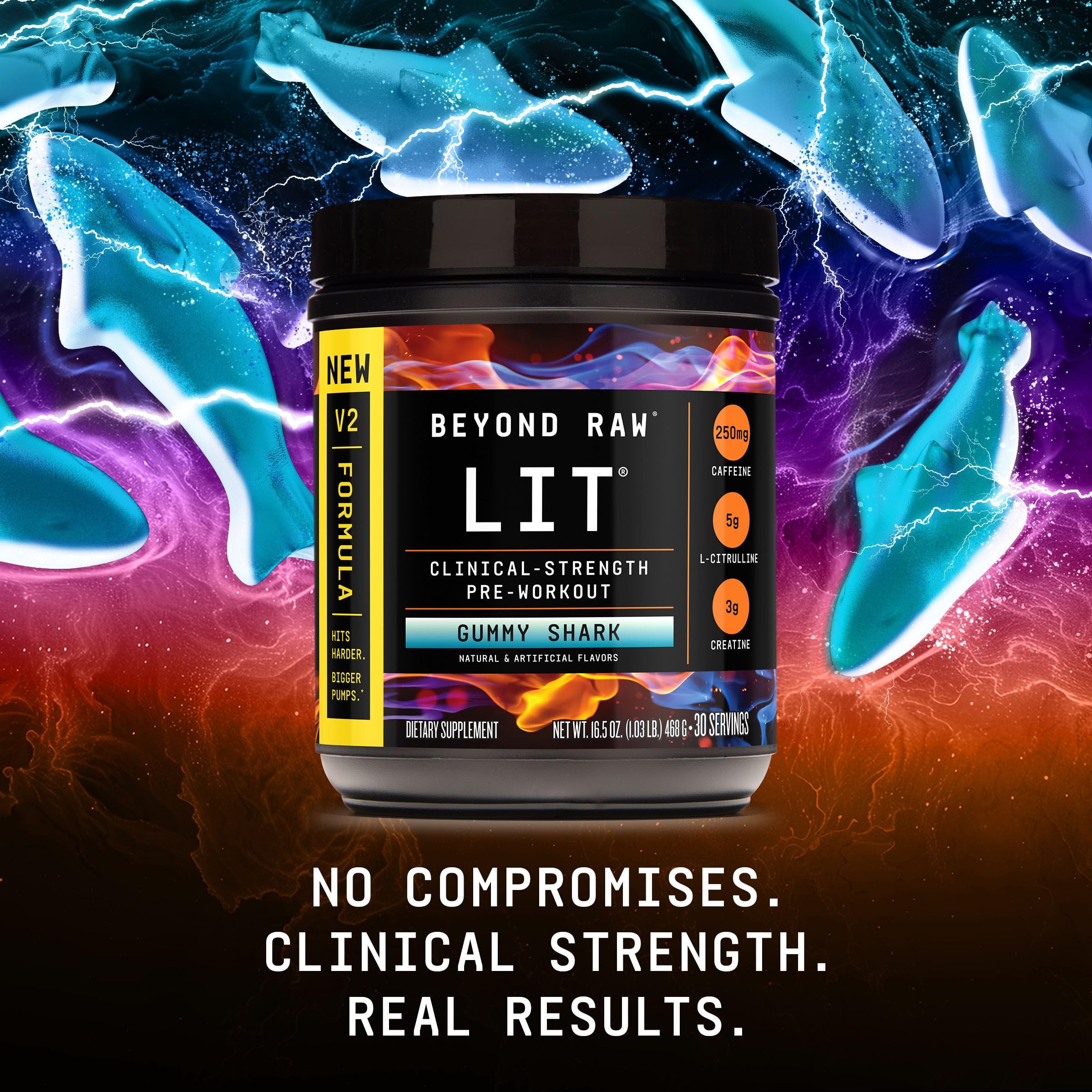 Beyond Raw LIT V2 packaging front emphasizes flavor and serving details.