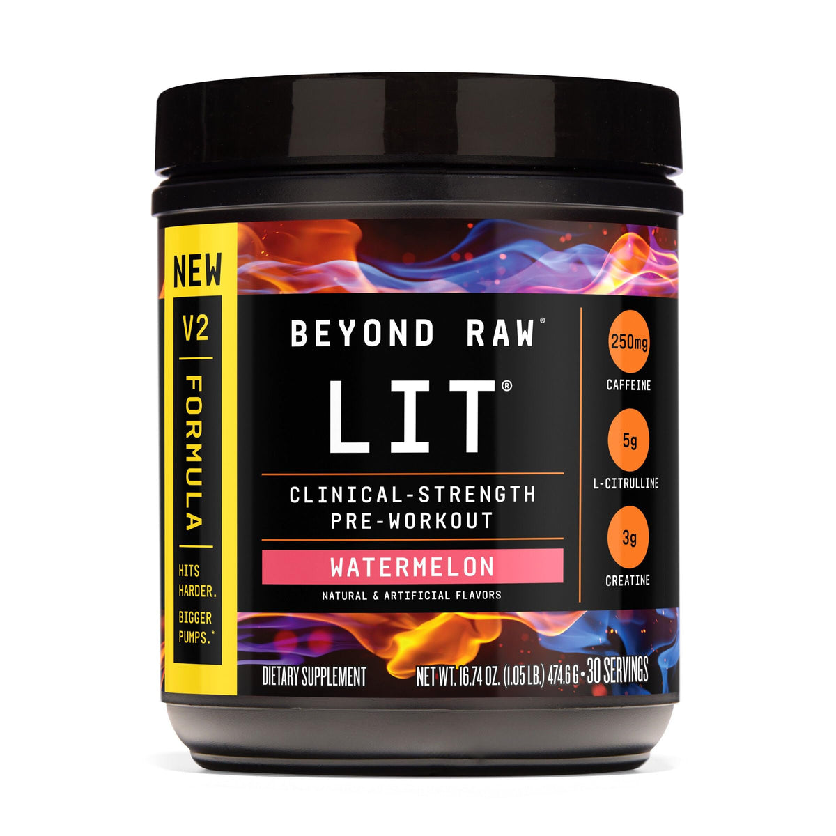 BEYOND RAW LIT V2 watermelon powder jar for a flavorful pre-workout energy boost.