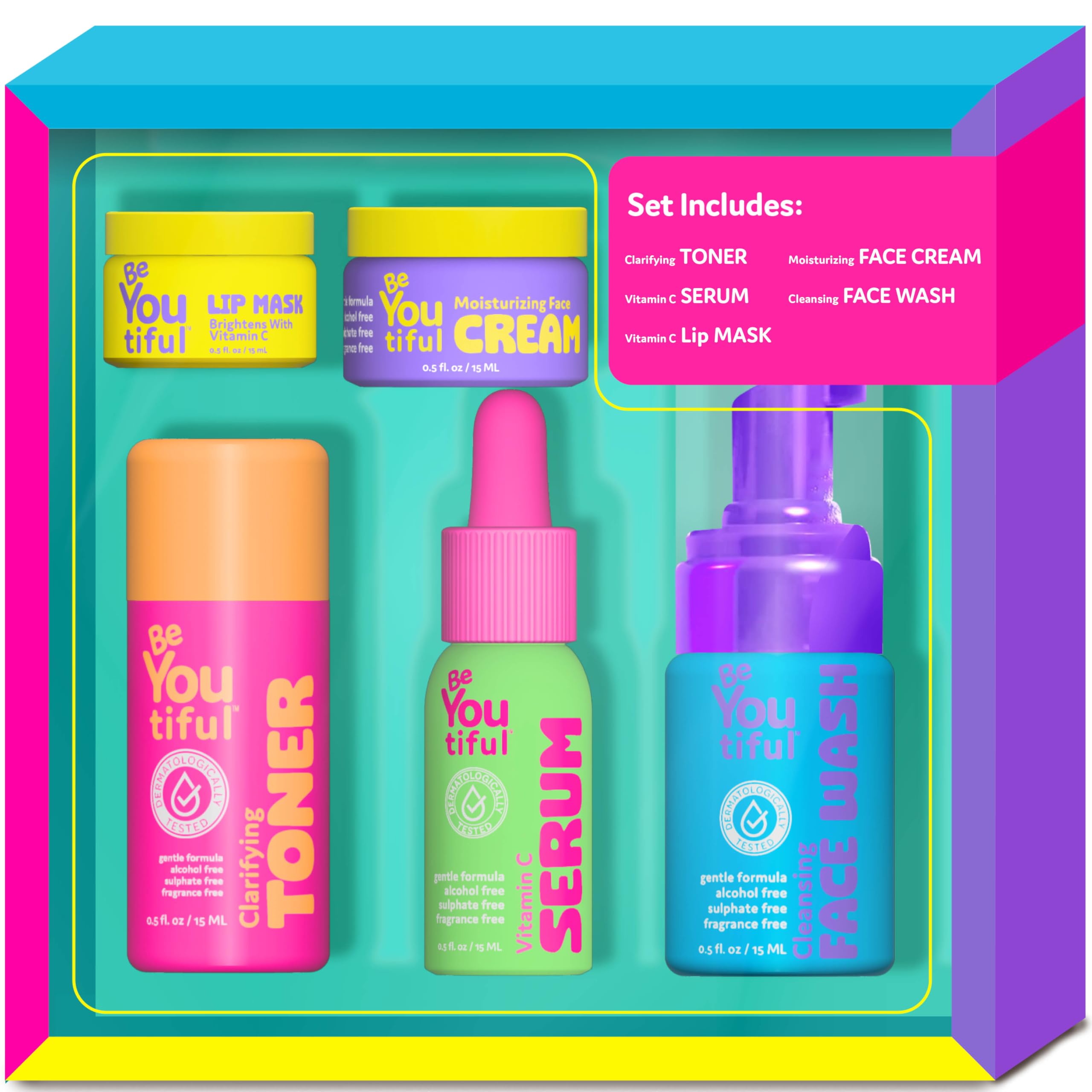 BeYoutiful skin care gift set box, playful packaging ideal for sleepovers