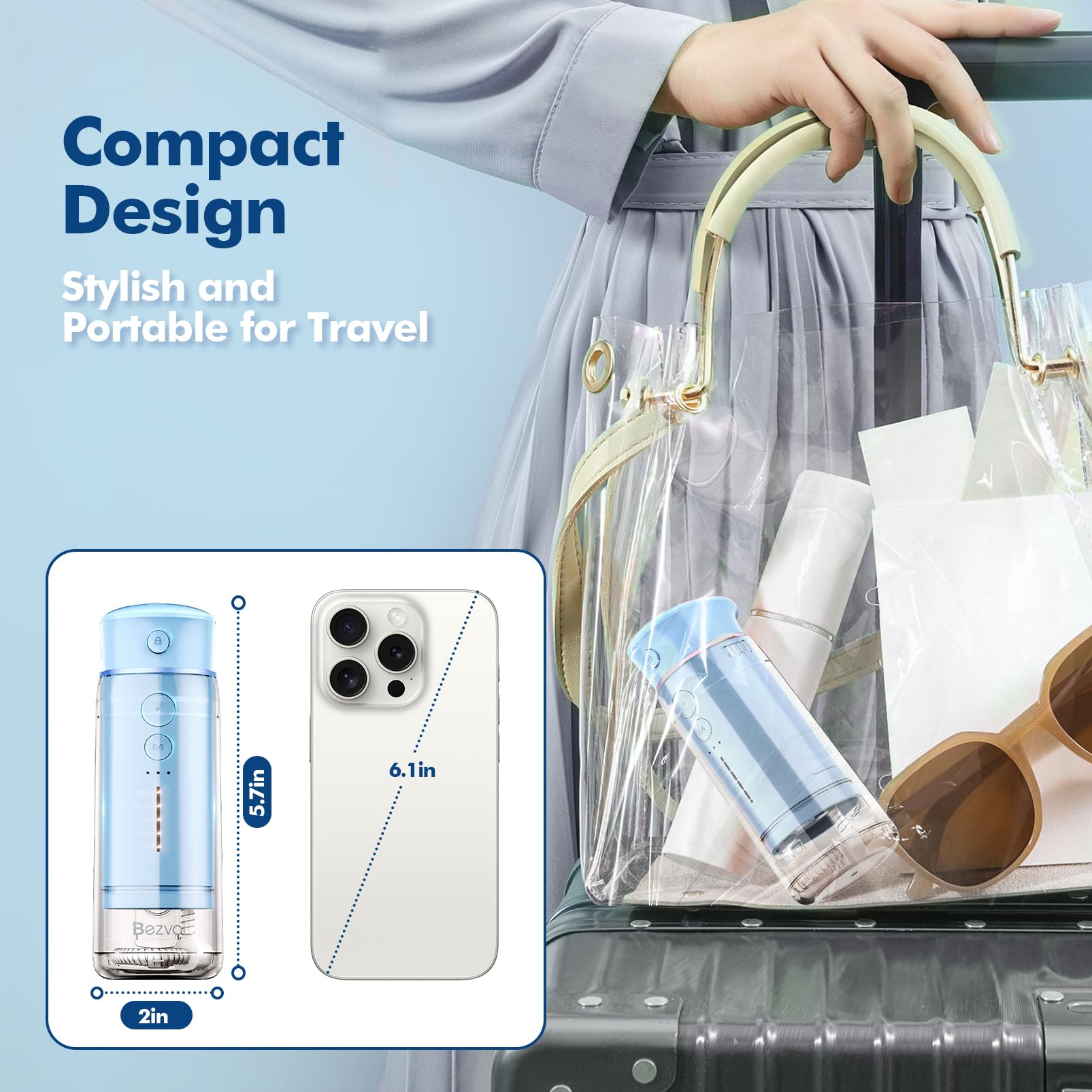 Retractable tank design and top nozzle storage for travel.
