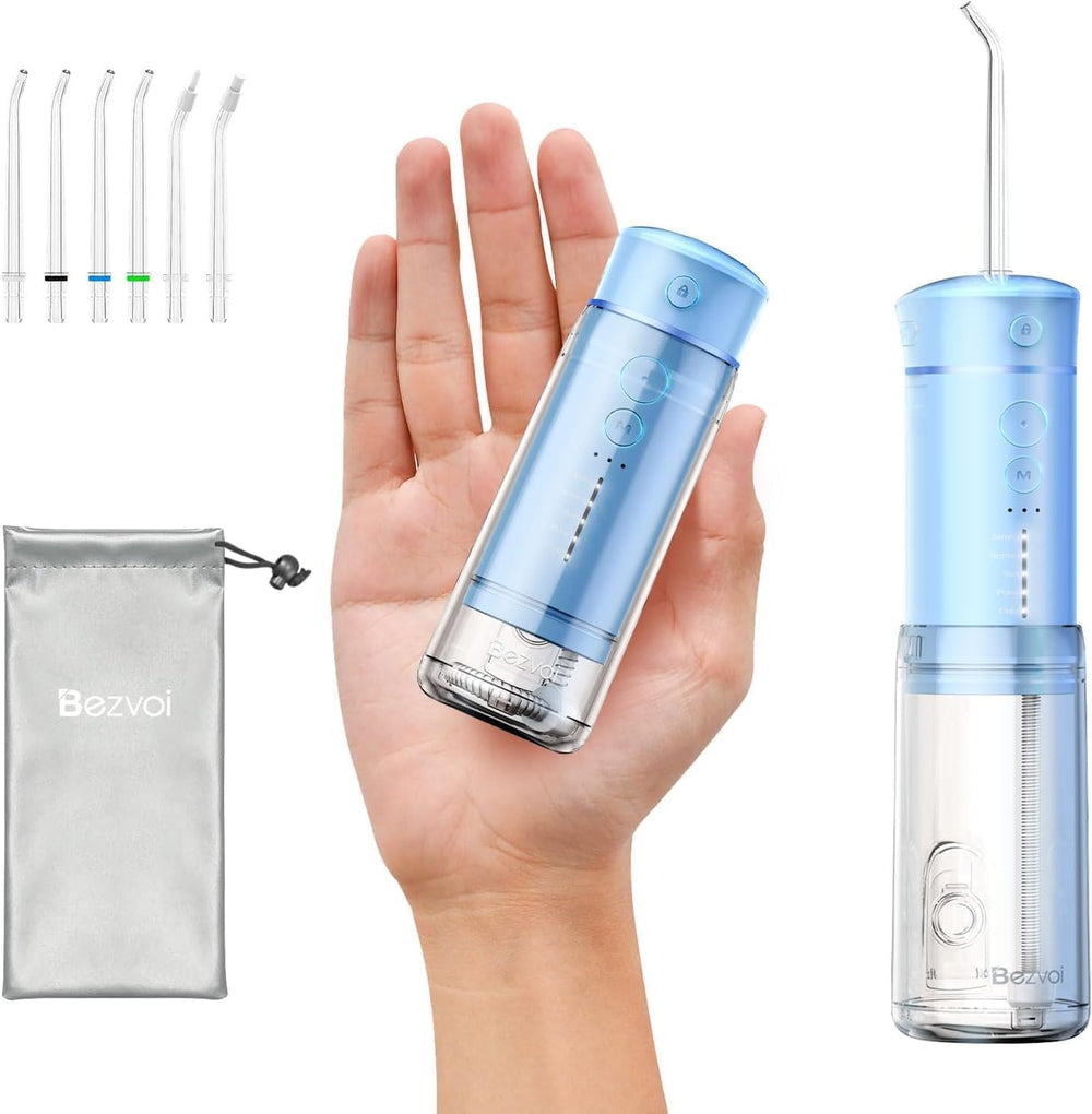 Bezvoi Mini Travel Water Flosser with retractable tank for easy packing.