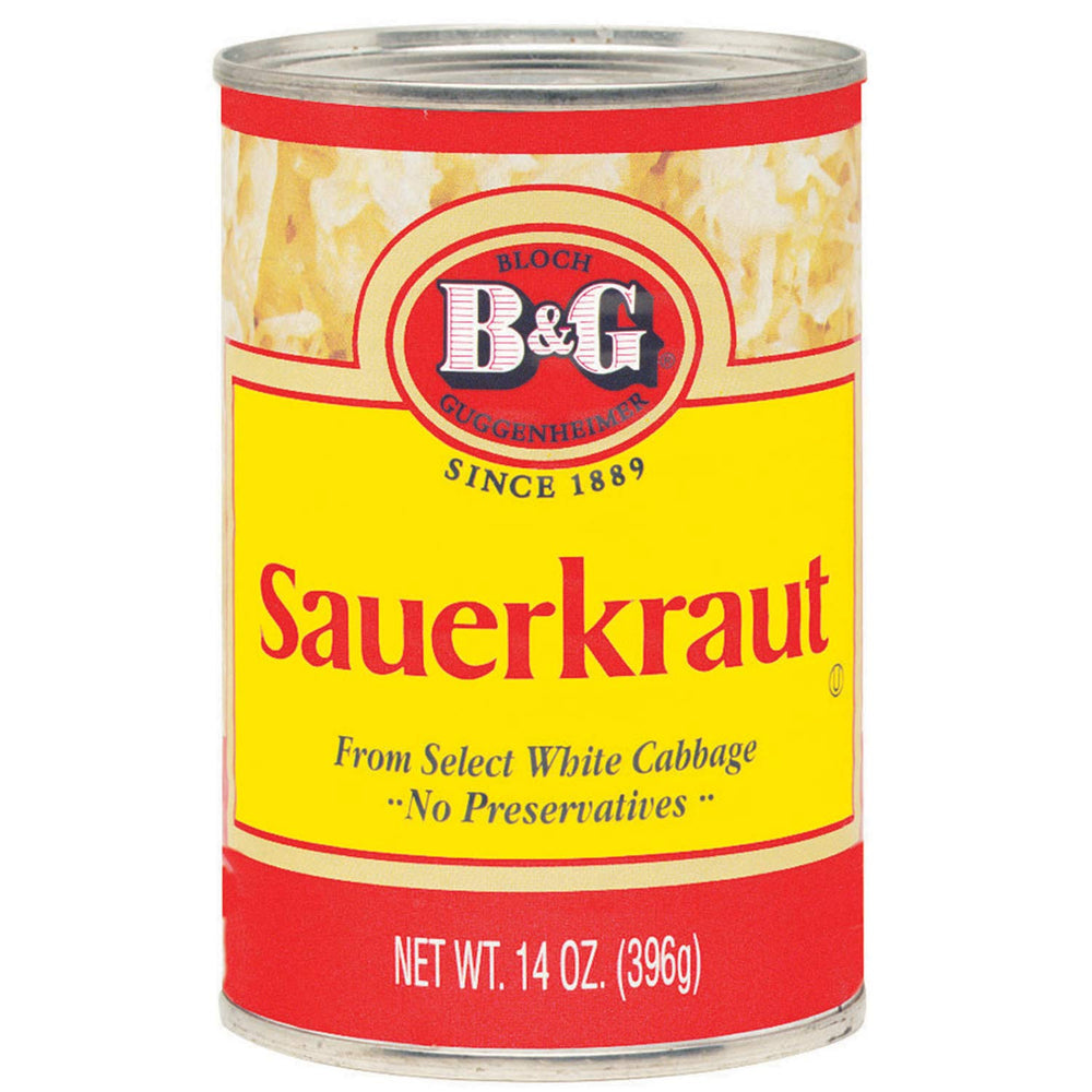 B&G Sauerkraut can shown, ideal topping for brats and hot dogs, with a tangy, crisp flavor