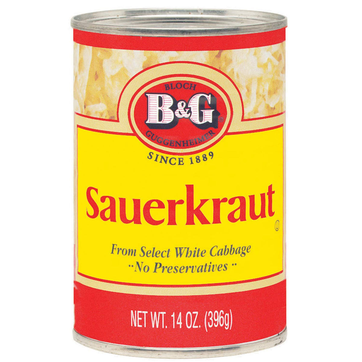 B&G Sauerkraut can shown, ideal topping for brats and hot dogs, with a tangy, crisp flavor