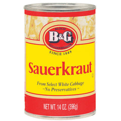 B&G Sauerkraut can shown, ideal topping for brats and hot dogs, with a tangy, crisp flavor