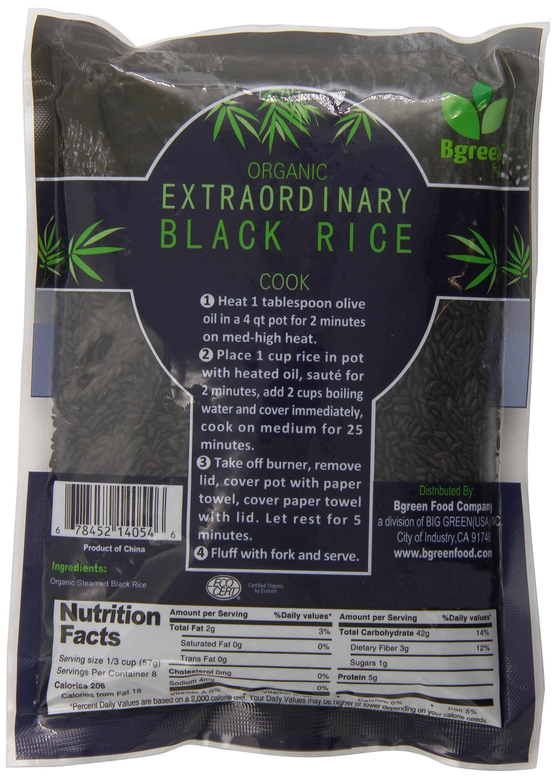 Close-up of Bgreen Black Rice ingredients highlighting non-GMO and no preservatives.