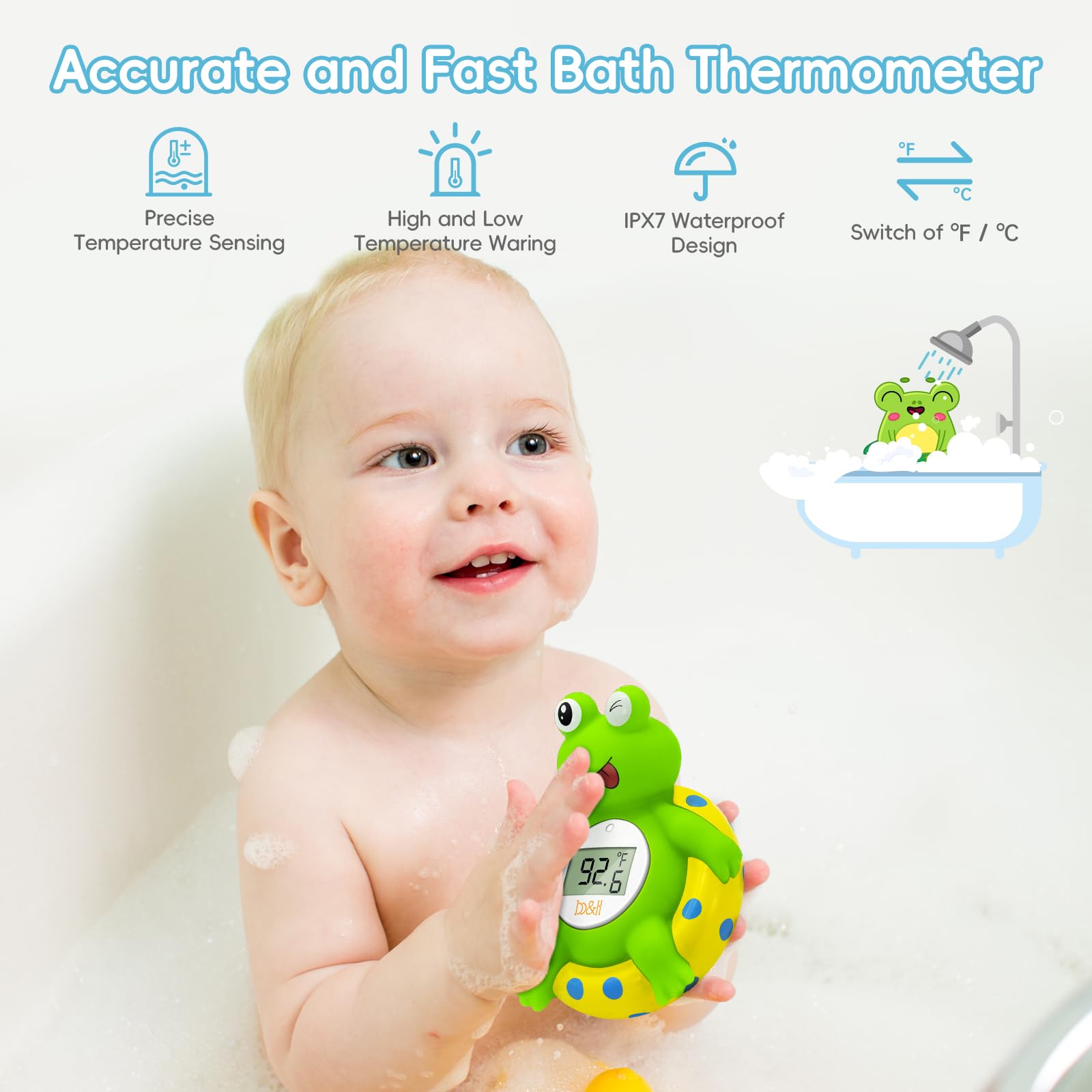 B&H Frog thermometer floating in water for easy bath time monitoring