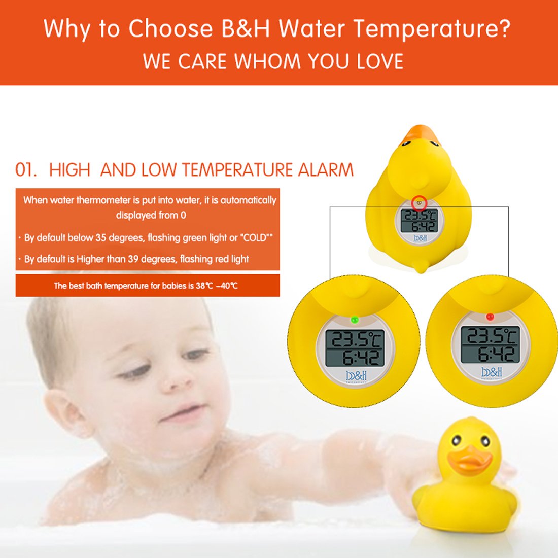 B&H thermometer alerts high and low temperatures for safer bath sessions.