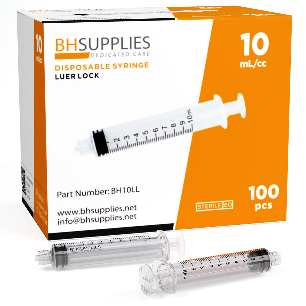 BH SUPPLIES 10ml Luer Lock syringe pour provides secure seal for precise dosing.