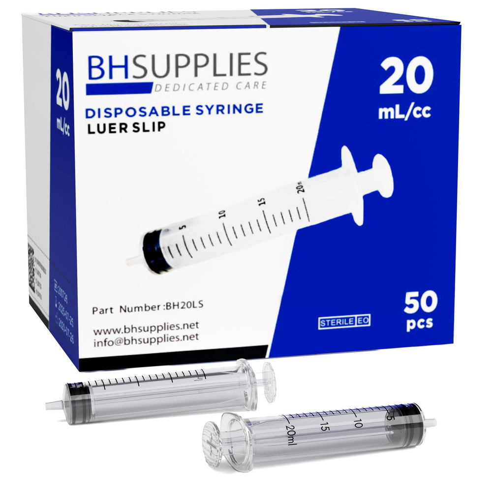 BH Supplies 20ml Luer Slip Syringes box image showing sterile, ready-to-stock packaging.