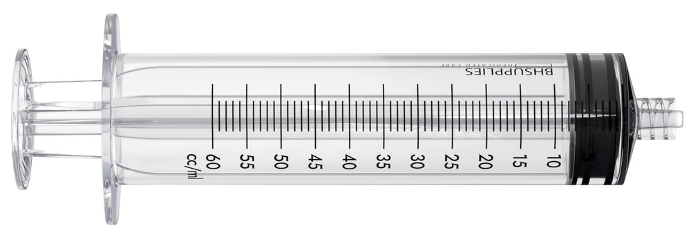 BH Supplies 60ml Luer Lock Syringe no needle clearly labeled for easy identification.