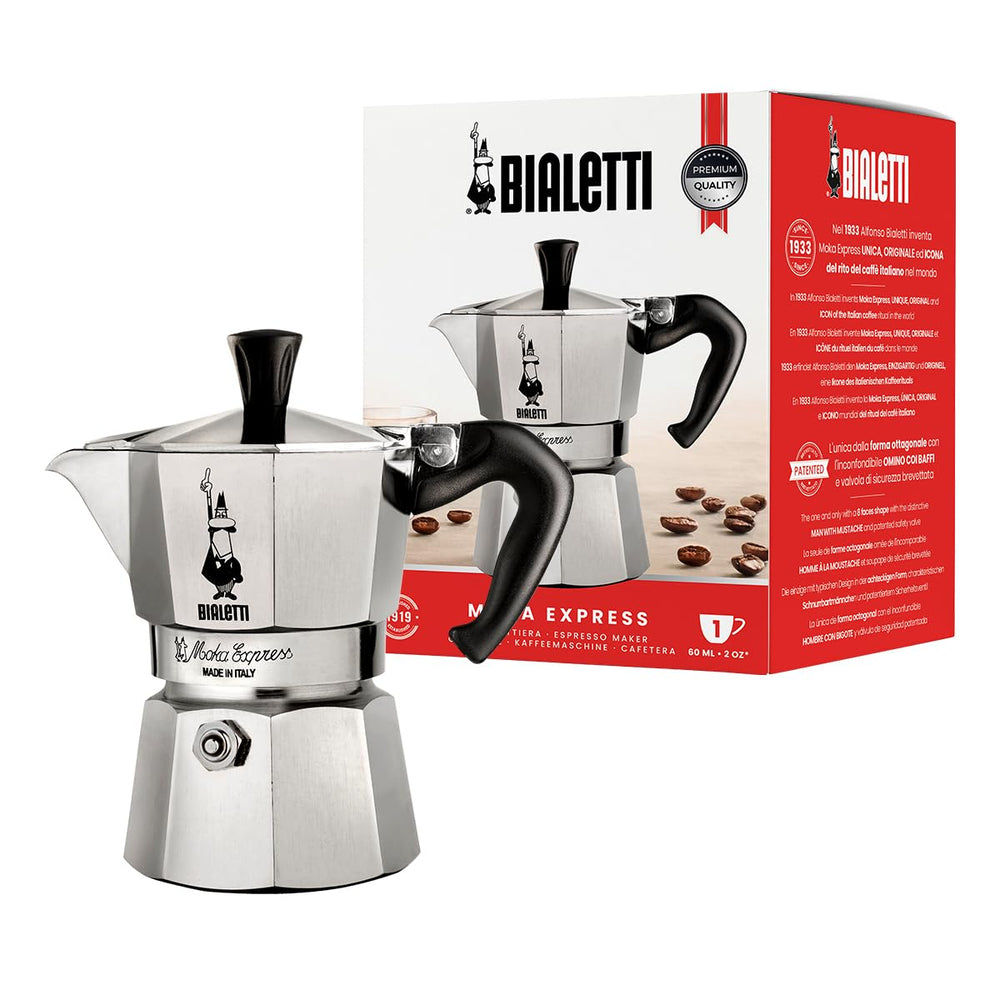 Bialetti Moka Express silver body and ergonomic handle for classic stovetop espresso.