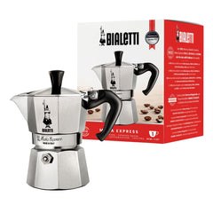 Bialetti Moka Express silver body and ergonomic handle for classic stovetop espresso.