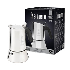 Bialetti Venus induction coffee maker on stove ready for rich espresso