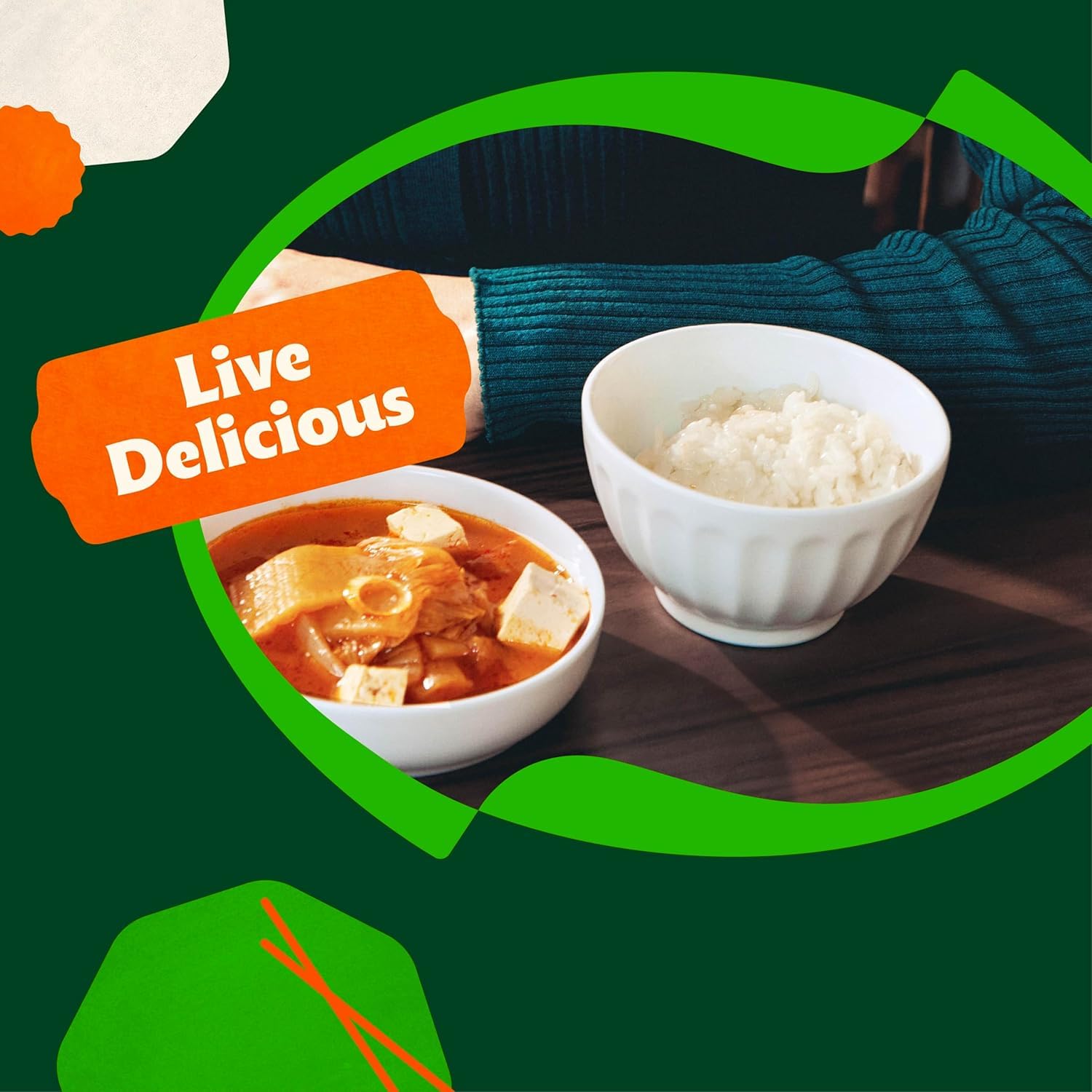 Bibigo dumplings and rice pairing on plate, ready-to-assemble meal components.