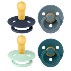 BIBS pacifier round nipple 4-pack in boy colors for soothing comfort