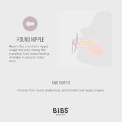 BIBS pacifiers made in Denmark label highlights craftsmanship and high-quality materials.
