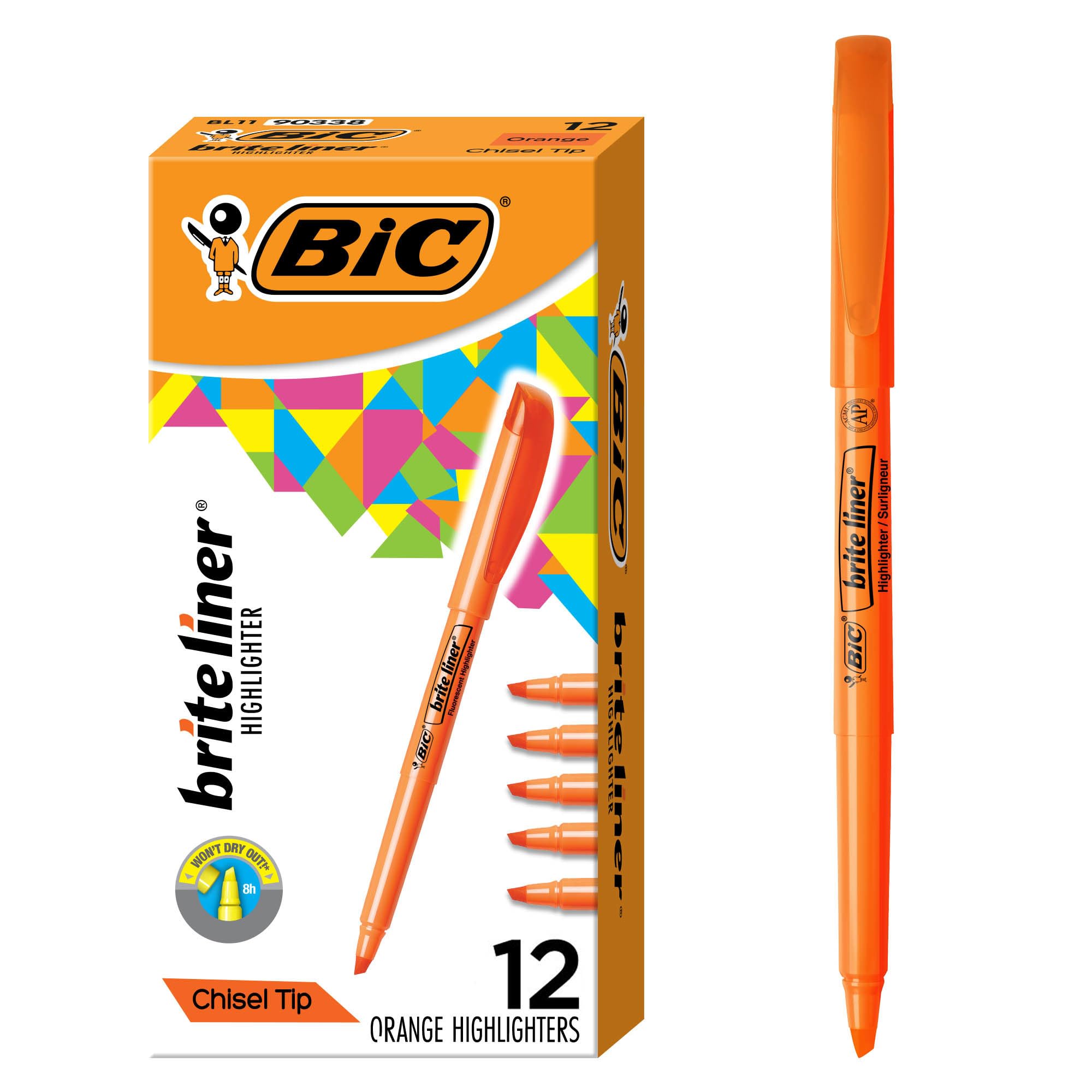 BIC Brite Liner orange highlighters 12-count pack for bold color coding.