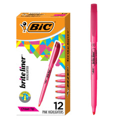 BIC Brite Liner pink highlighters in a 12-pack with versatile chisel tips