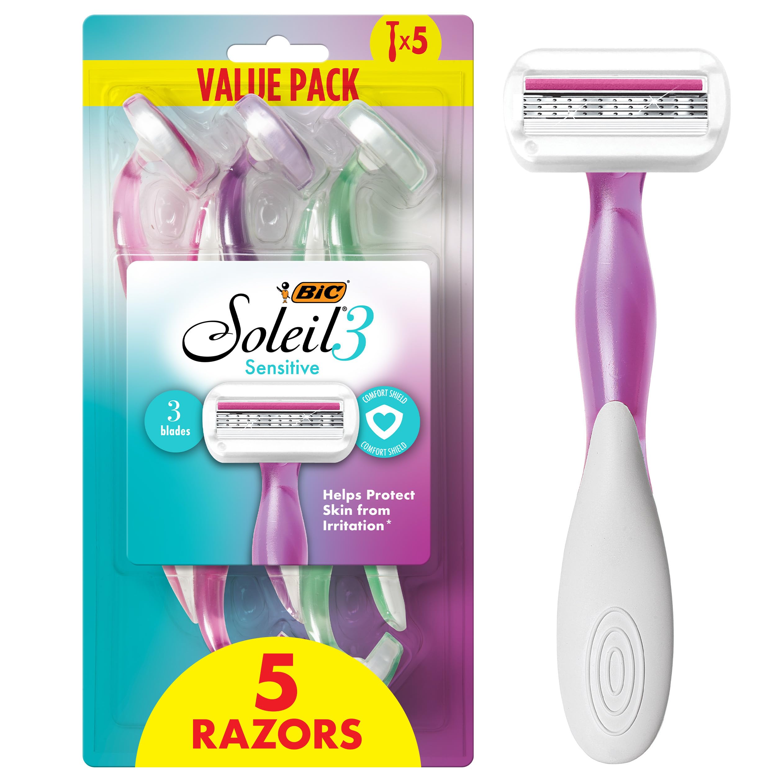 BIC Soleil 3 Sensitive razor with three blades for smooth contour shaving.
