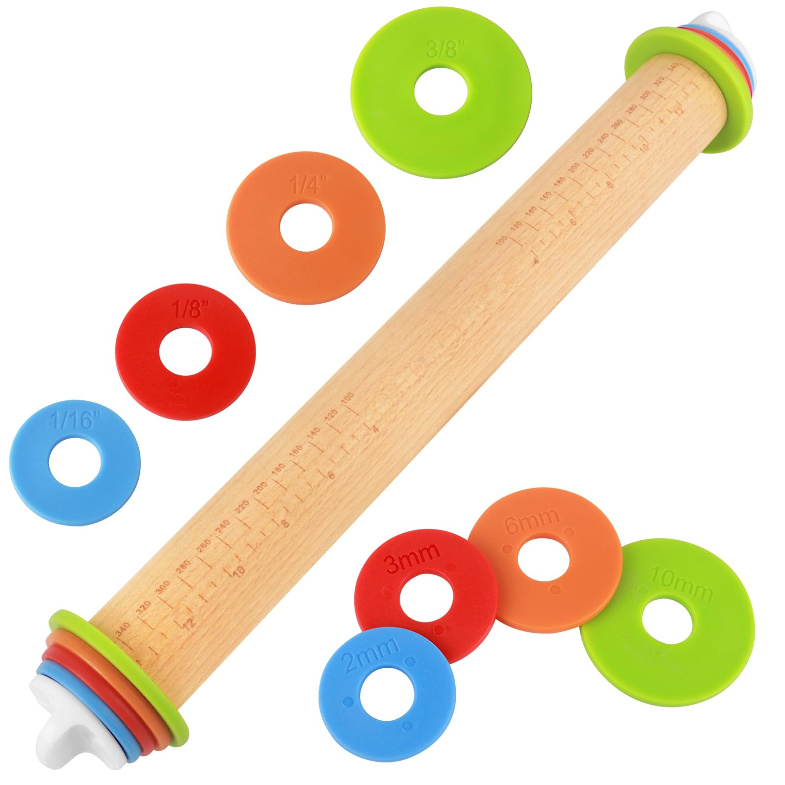 BIDFUL wood rolling pin with thickness rings for precise dough control