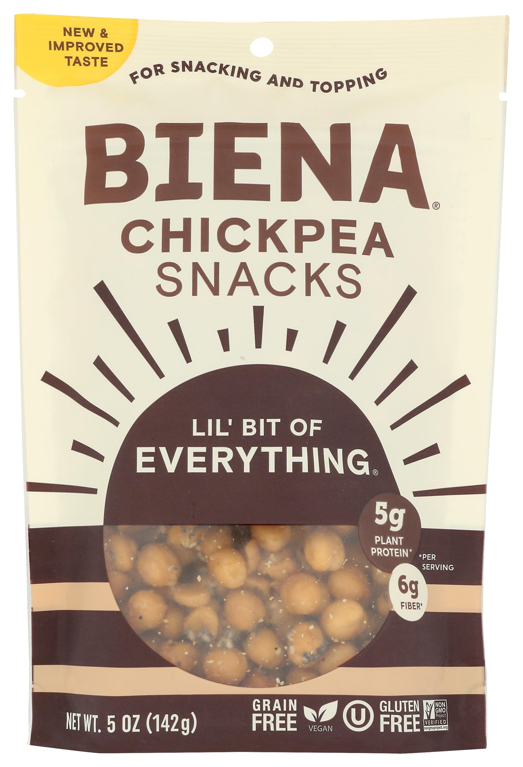 BIENA Lil Bit Evrythin pack front view, gluten-free chickpea snack.