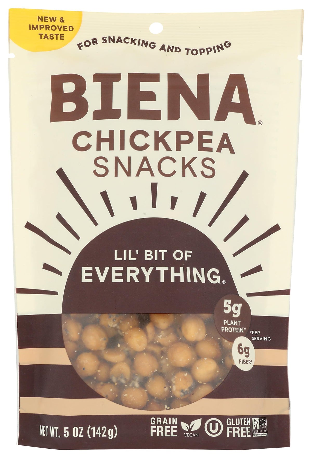 BIENA Lil Bit Evrythin pack front view, gluten-free chickpea snack.