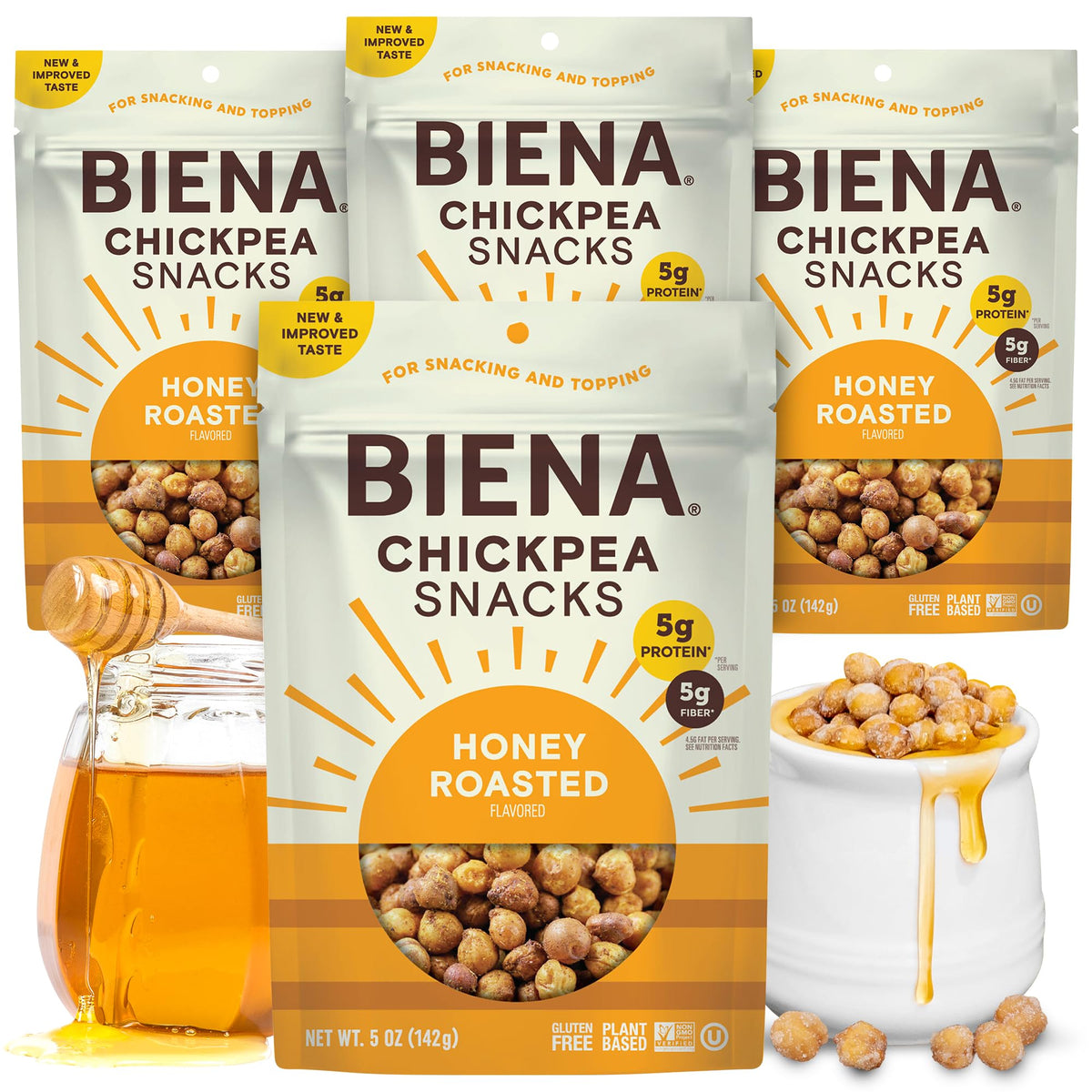 BIENA Honey Roasted Chickpeas bag front for easy grab-and-go snacking
